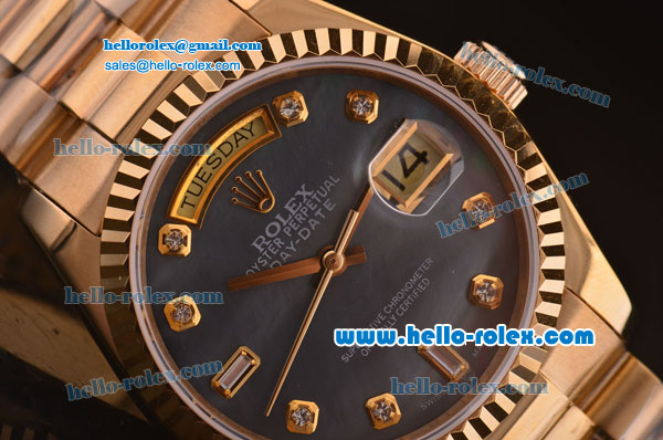 Rolex Day-Date Swiss ETA 2836 Automatic Rose Gold Case/Strap with Black MOP Dial and Diamond Markers - Click Image to Close